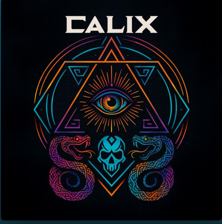 A black square graphic with the word "CALIX" in white at the top and a central neon-style geometric design featuring an eye inside a triangle, surrounded by circular and triangular outlines, two snakes, and a skull in bright multicolor neon tones.